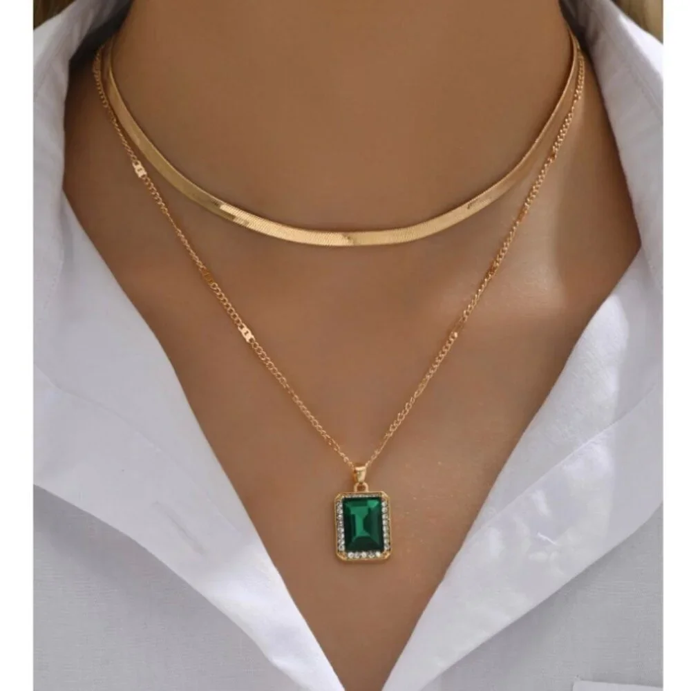 Gold Emerald-Cut Green Pendant & Herringbone Choker Necklace Set 18K Gold Filled